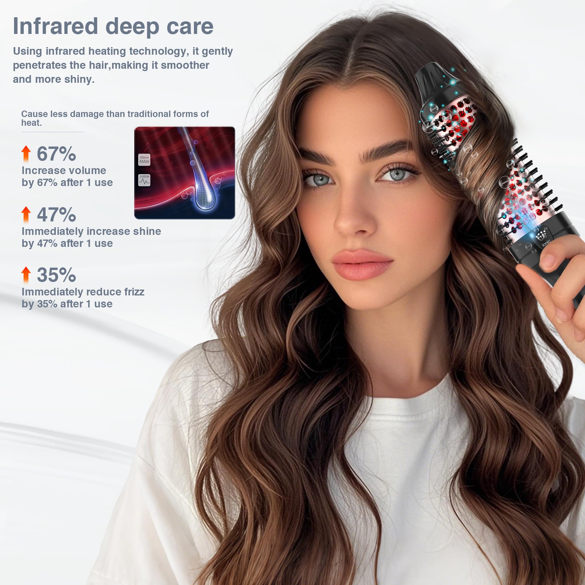 LuxRenew Plus infrared bounce brush with 1.5-inch barrel supports straightening and curling versatility.