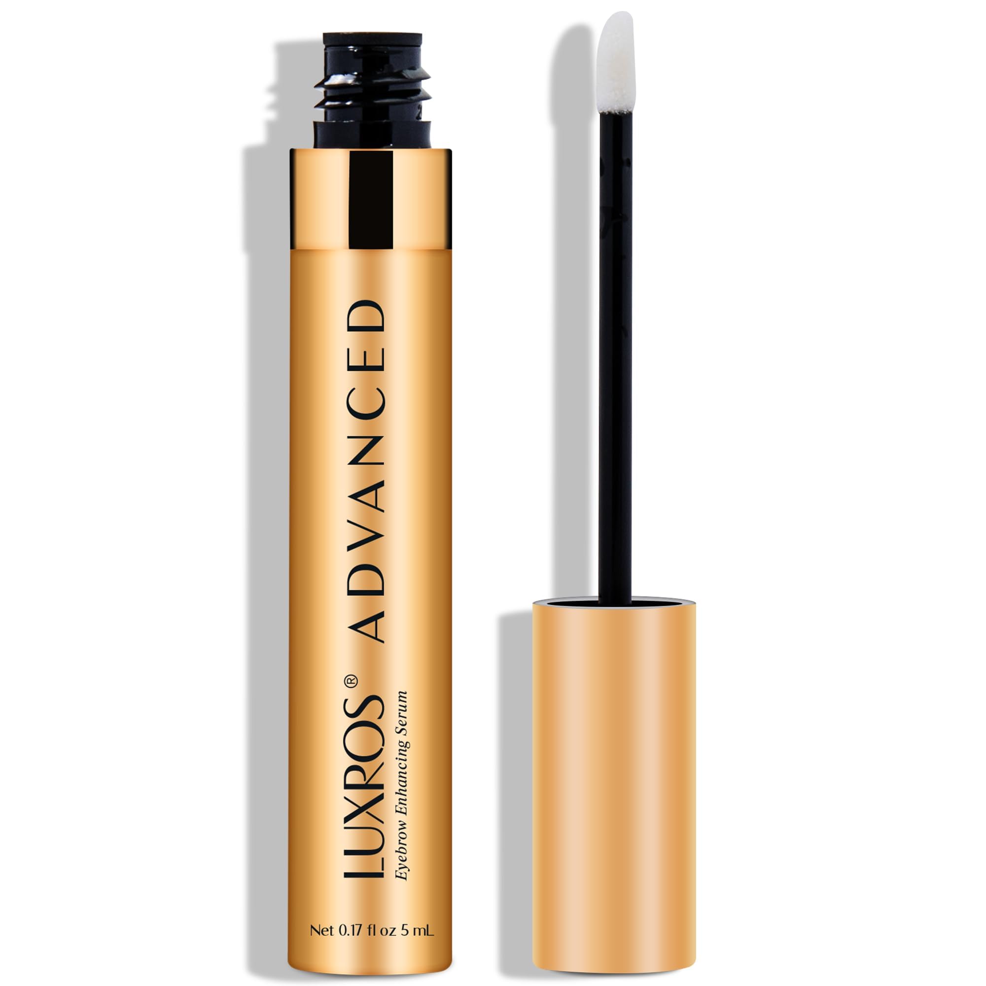 LUXROS Advanced Growth Serum bottle highlights a premium brow formula for fuller, healthier-looking brows.