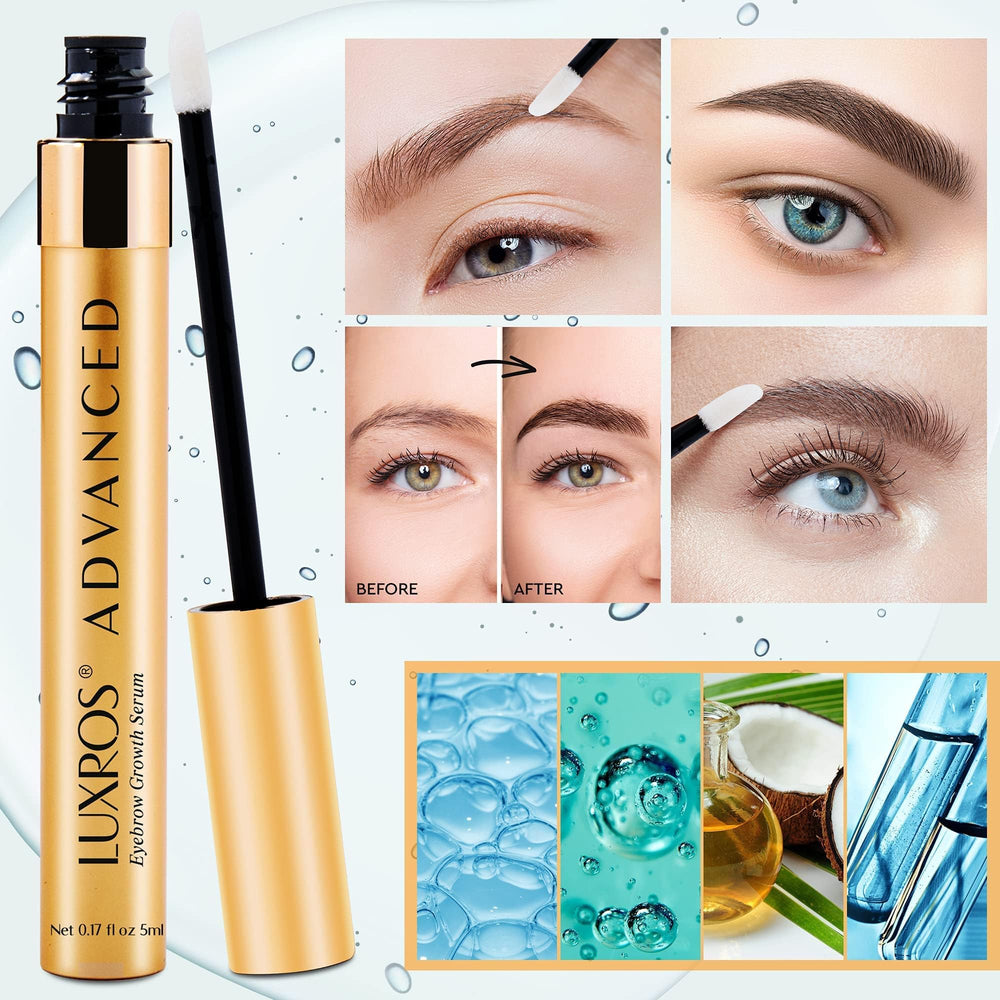 LUXROS eyebrow serum packaging box conveys premium, cruelty-free brow-enhancing experience.