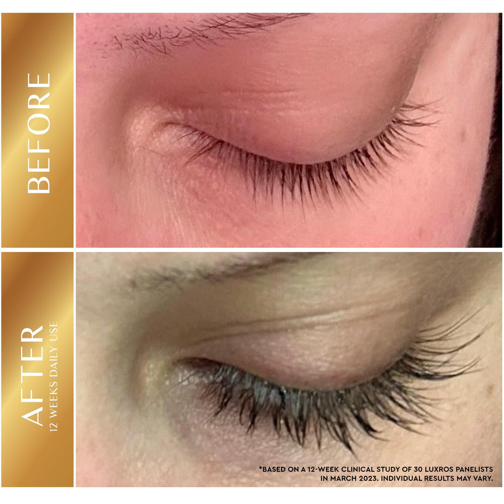 LUXROS serum applied along the upper lash line for precise, even conditioning