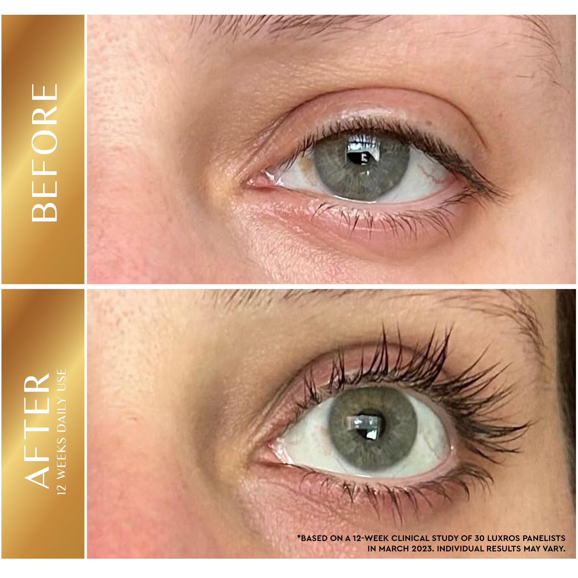 Close-up of lashes before and after using LUXROS for enhanced density