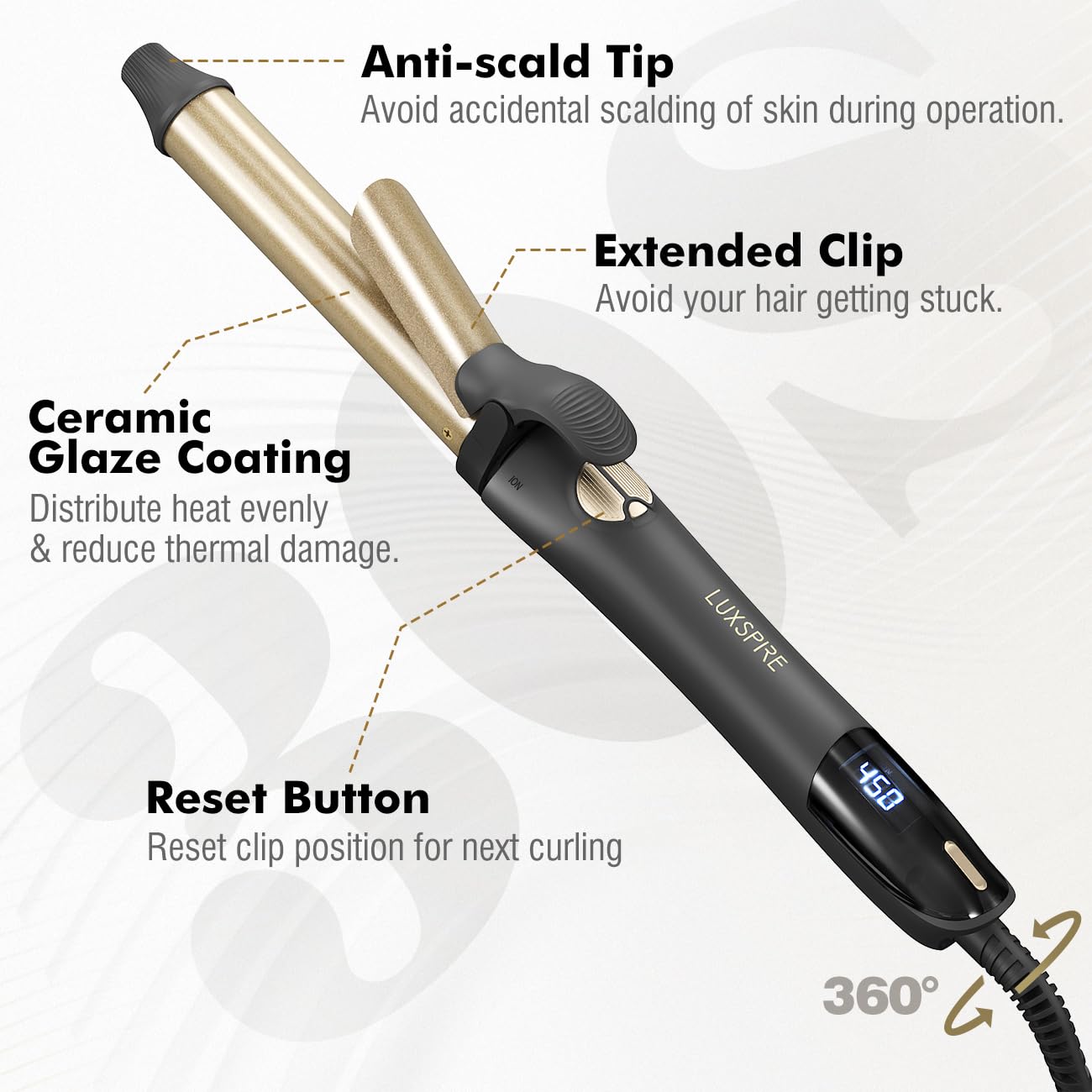 Luxspire curling wand with dual voltage and safety features for travel styling