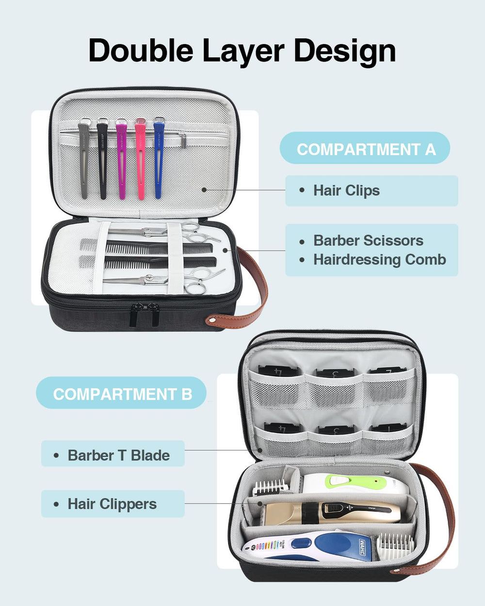 Luxtude hair clipper case open-top layer showing mesh pockets for blades and combs.