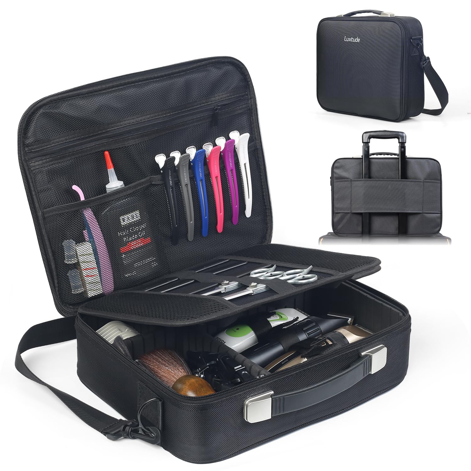 Luxtude Large Barber Case open-front view shows quick tool access on the go