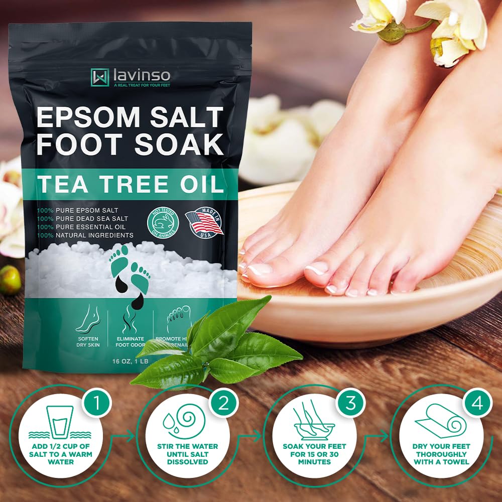 LV LavinsO Tea Tree Foot Soak bowl closeup highlights cleansing tea tree blend for clean feet