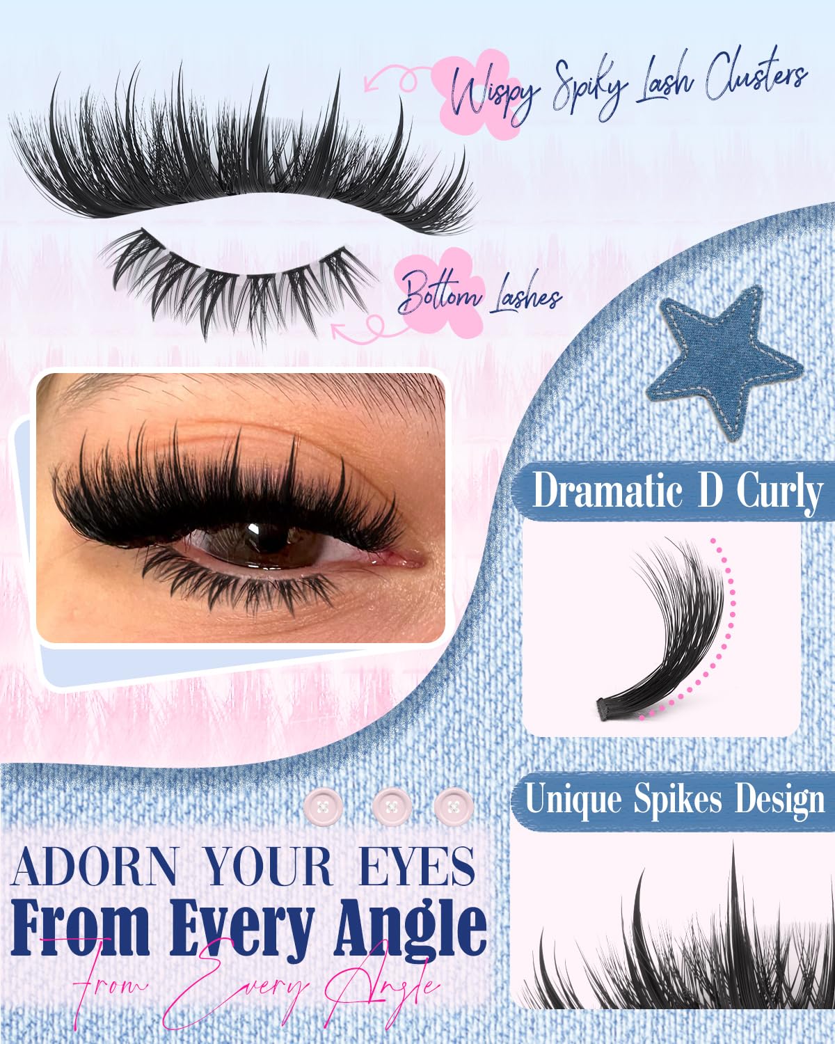 Lvmixwig spikes lash clusters highlight bold eyes for party-ready looks.