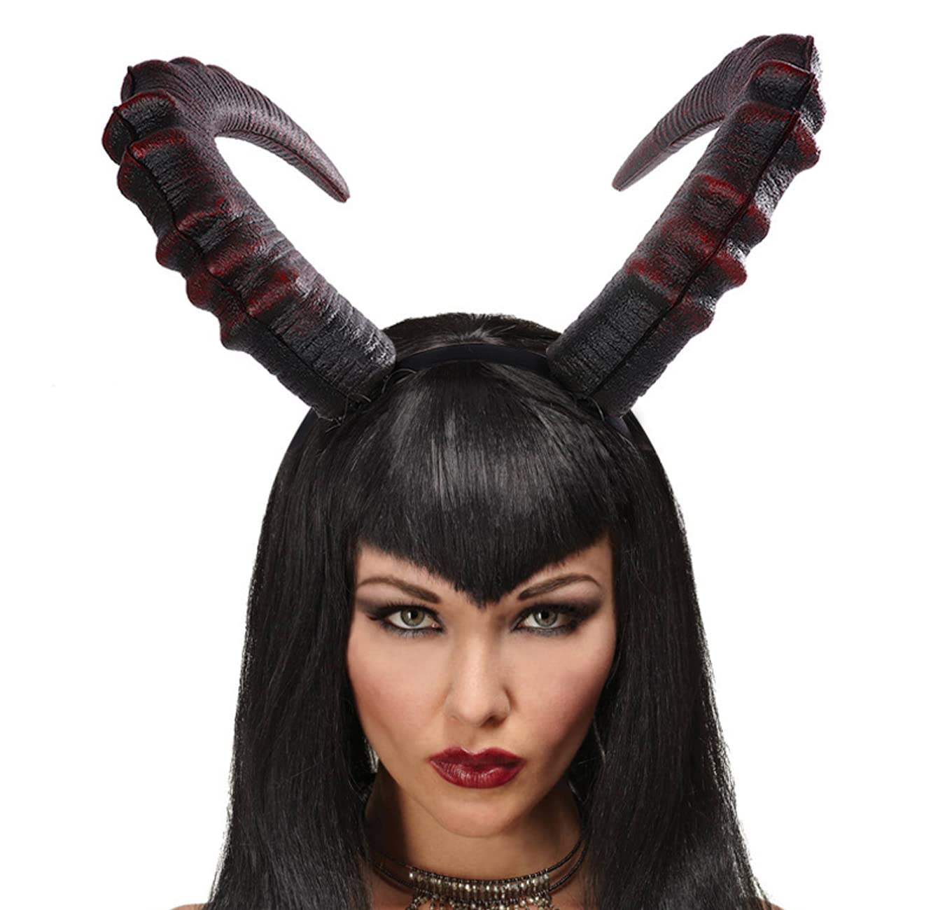 L'VOW Demon Horn Headband sideview demonstrates comfortable headband fit for parties.