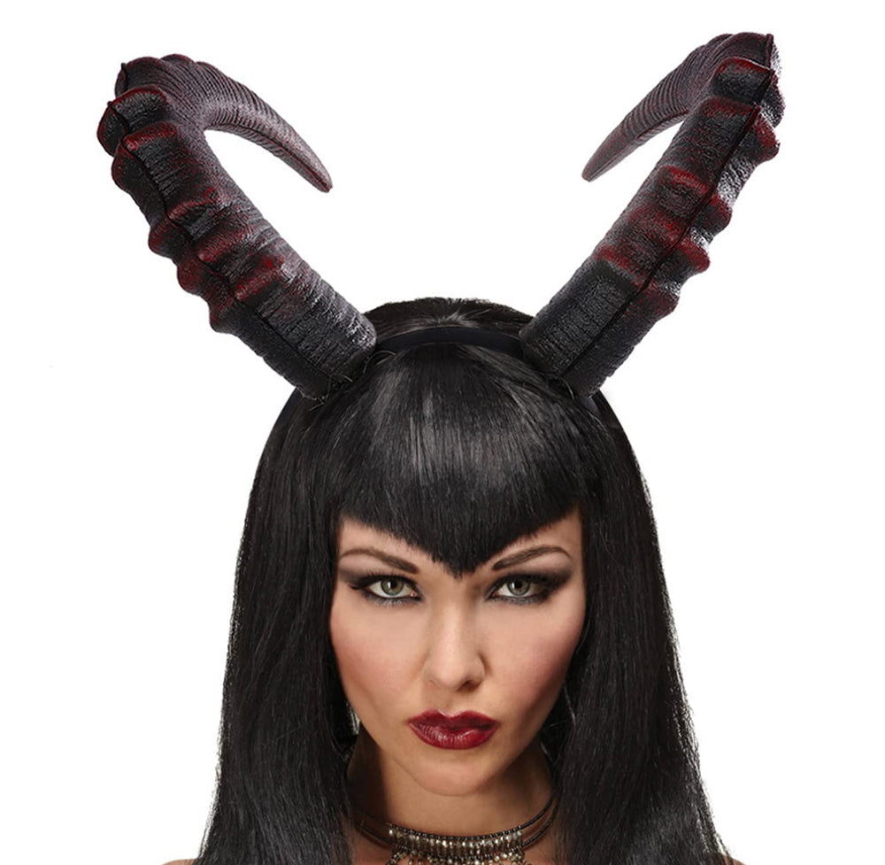 L'VOW Demon Horn Headband sideview demonstrates comfortable headband fit for parties.