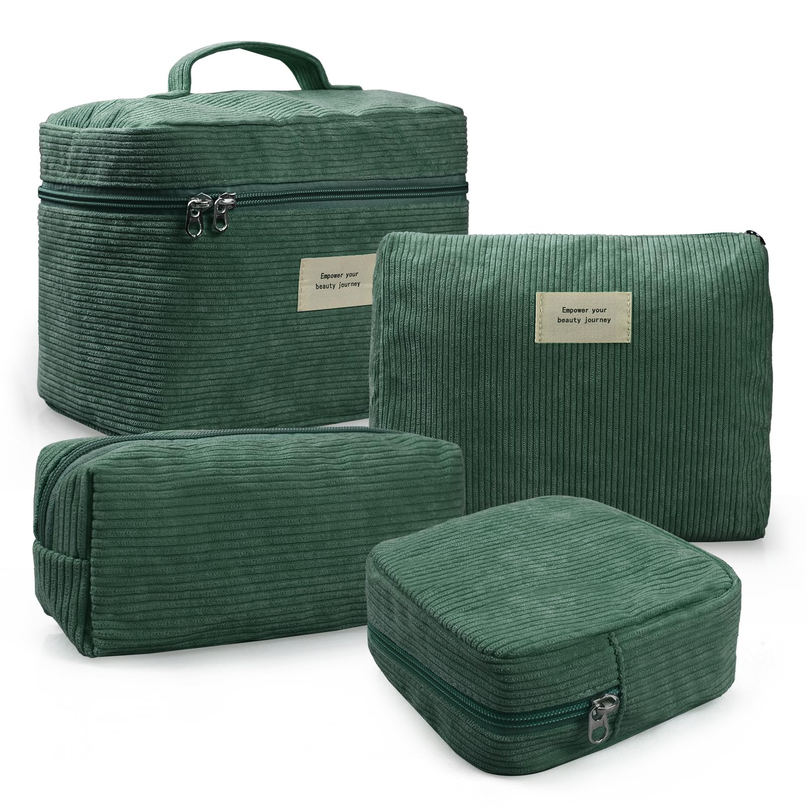 LVWNM corduroy makeup bag design image shows four styles for organized travel