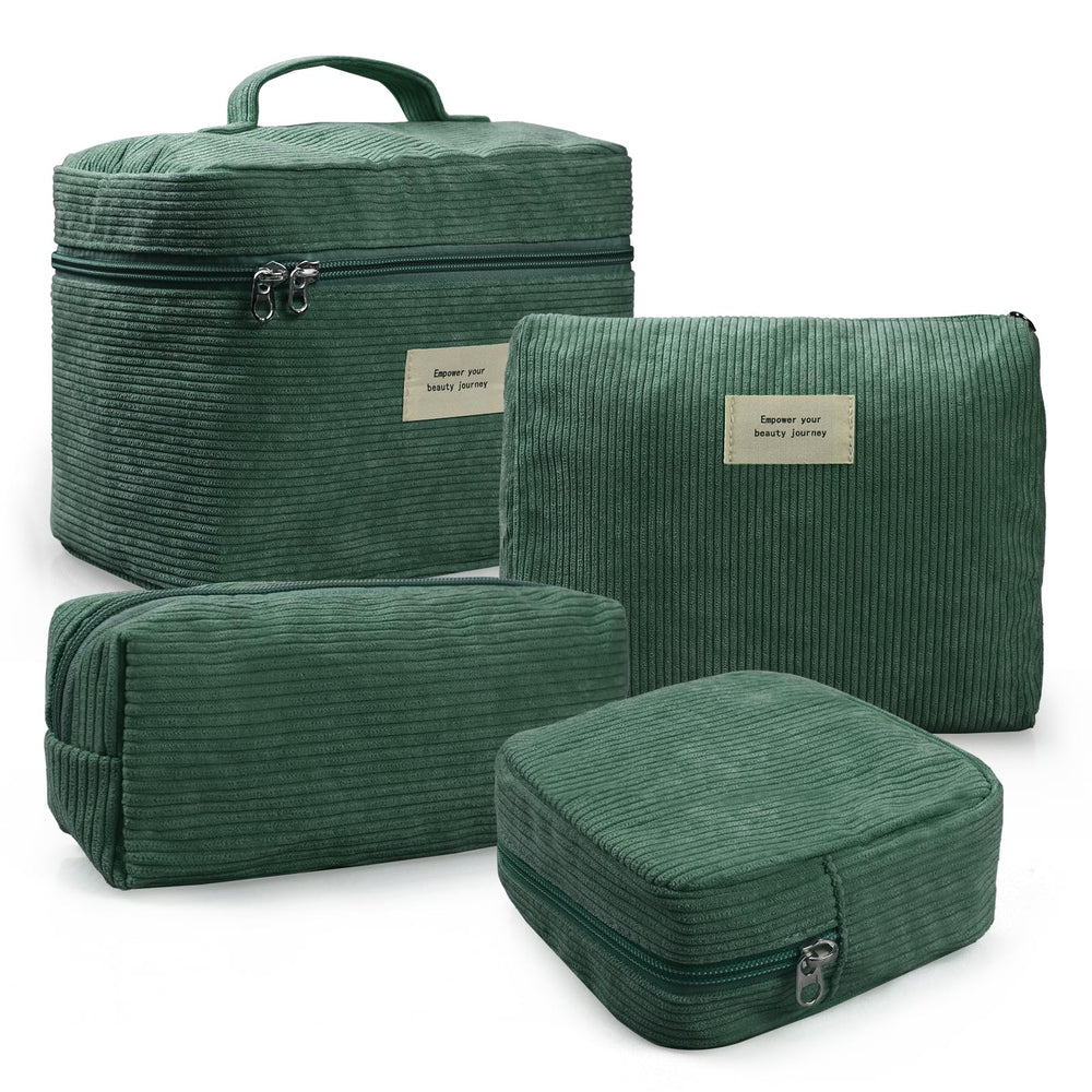 LVWNM corduroy makeup bag design image shows four styles for organized travel