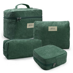 LVWNM corduroy makeup bag design image shows four styles for organized travel
