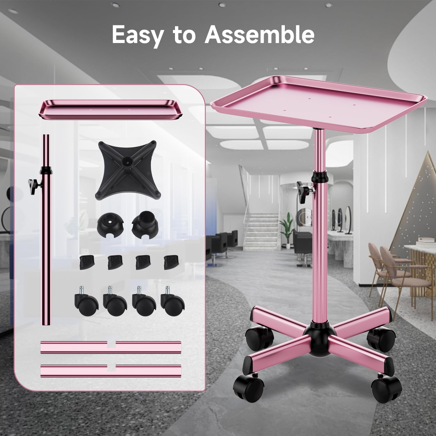 LWADALN pink salon tray trolley full-use shot showcases stylish, functional workspace.