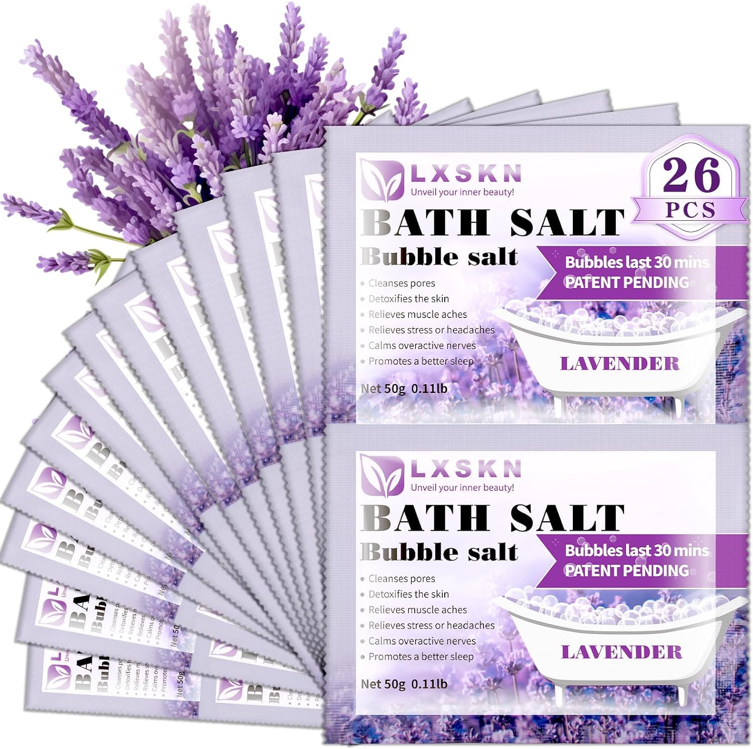 LXSKN bath salts bottle with rich bubbles for relaxation and better sleep