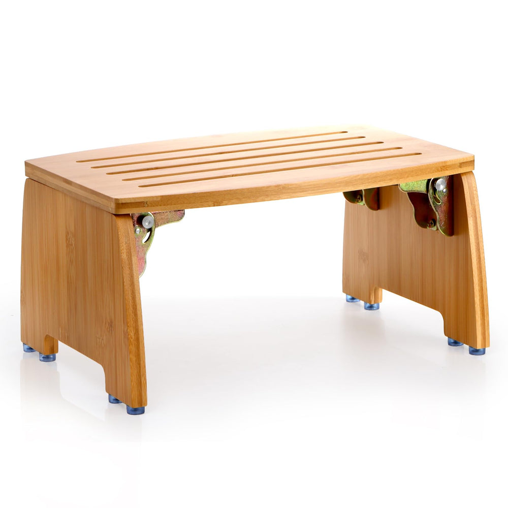 Lyellfe bamboo folding stool closed for compact home use.