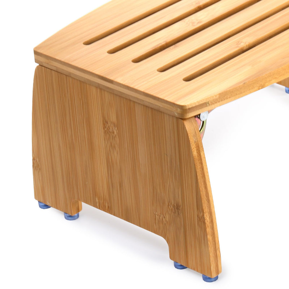 Lyellfe bamboo folding stool ideal for camping and travel, lightweight and compact.