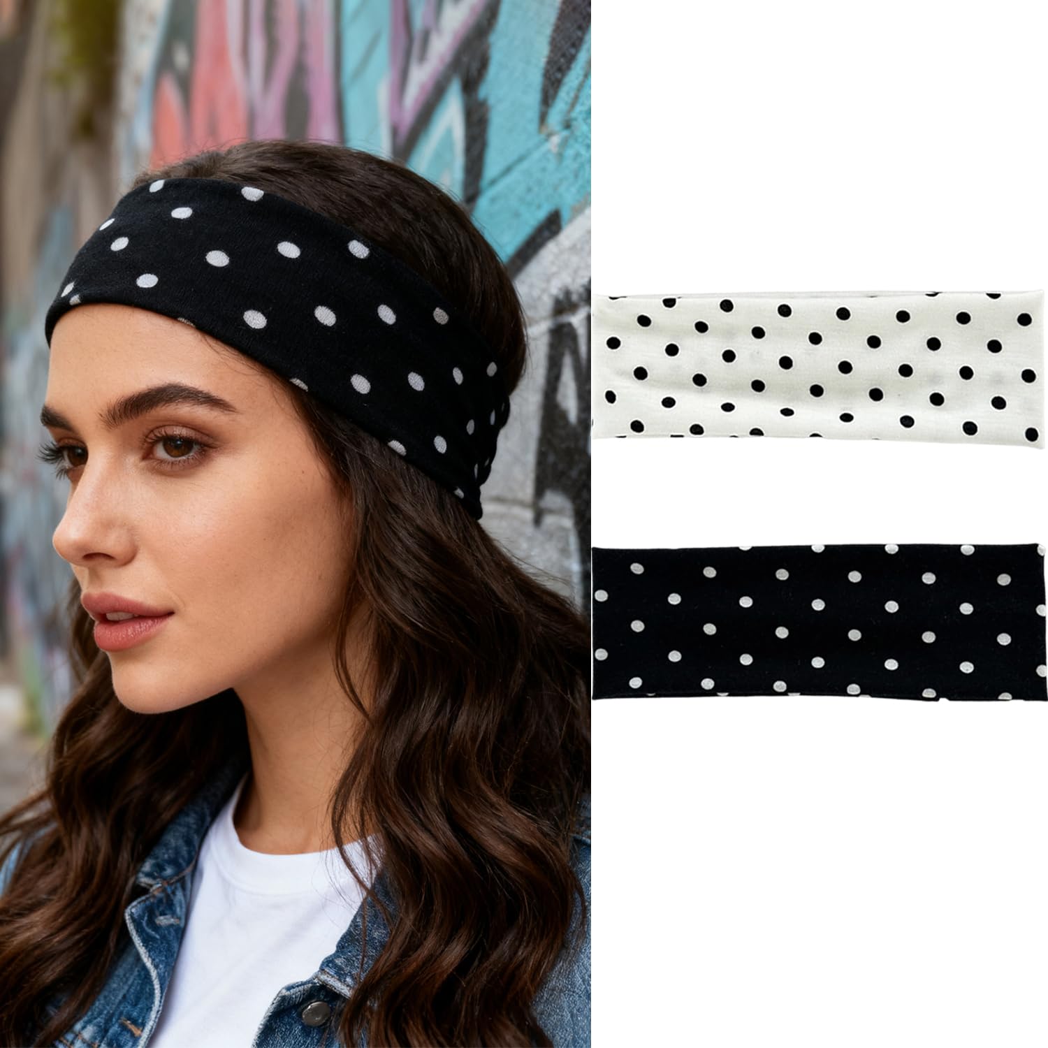 Banda LYLYNB de cabello con puntos negros y blancos, ideal para estilo retro diario.
