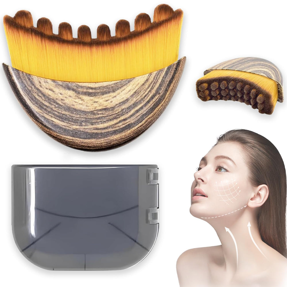 Lymphatic contour face brush closeup shows an ergonomic bristles pattern that enhances facial contouring.