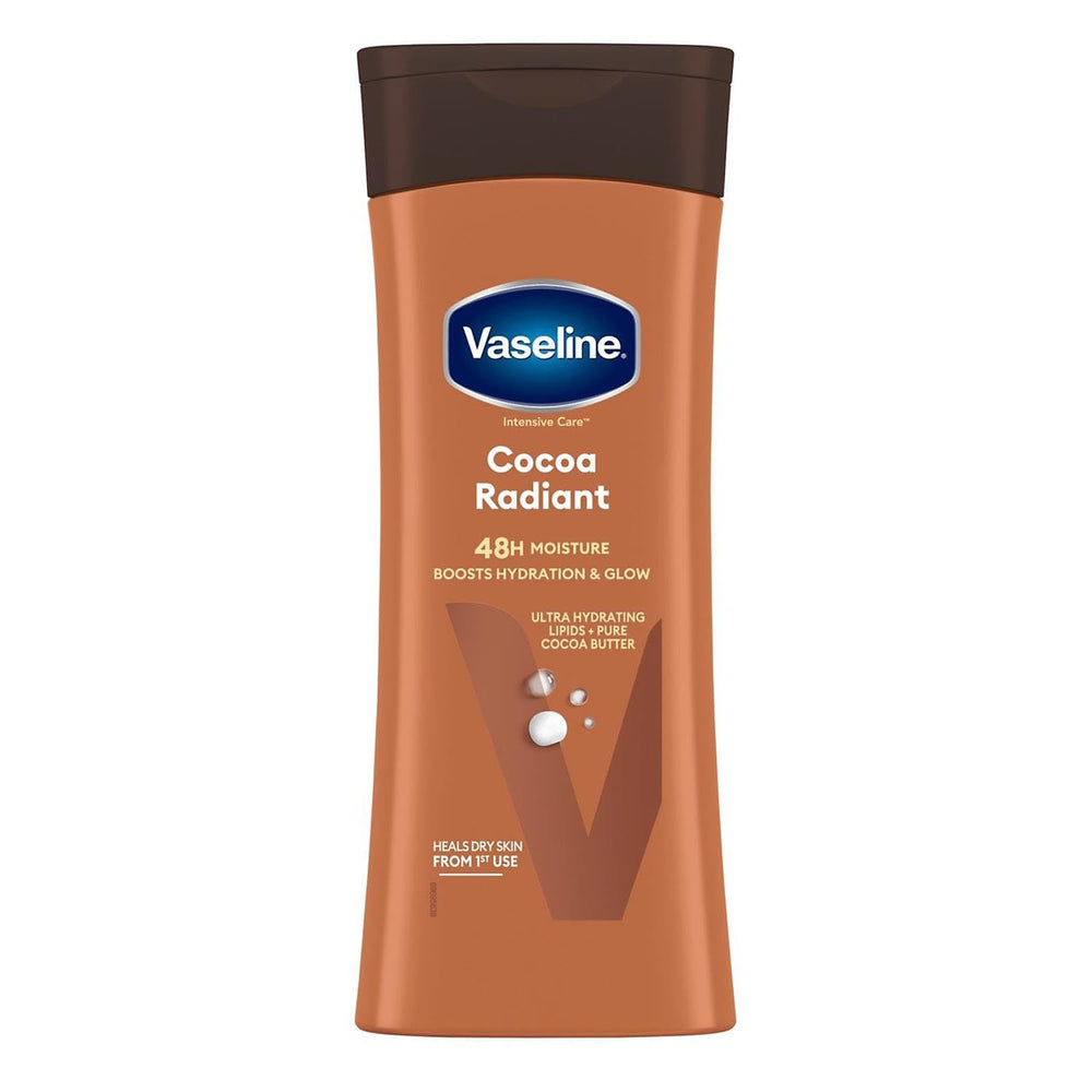 Lynx Vaseline Intensive Care Cocoa Radiant bottle showing cocoa butter hydration for dry skin