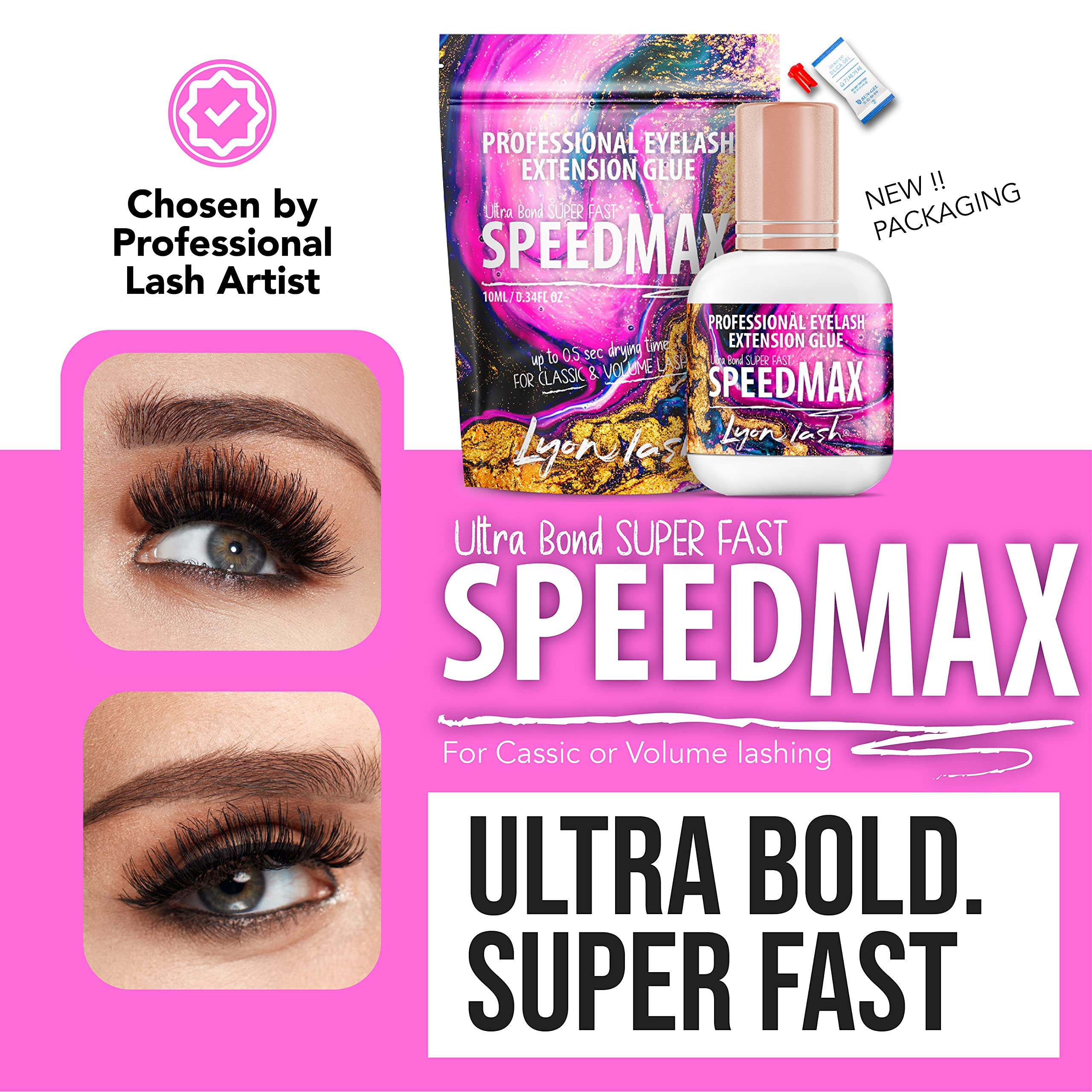 Lyon Lash SPEEDMAX 10ml bottle close-up for fast-drying eyelash extensions.