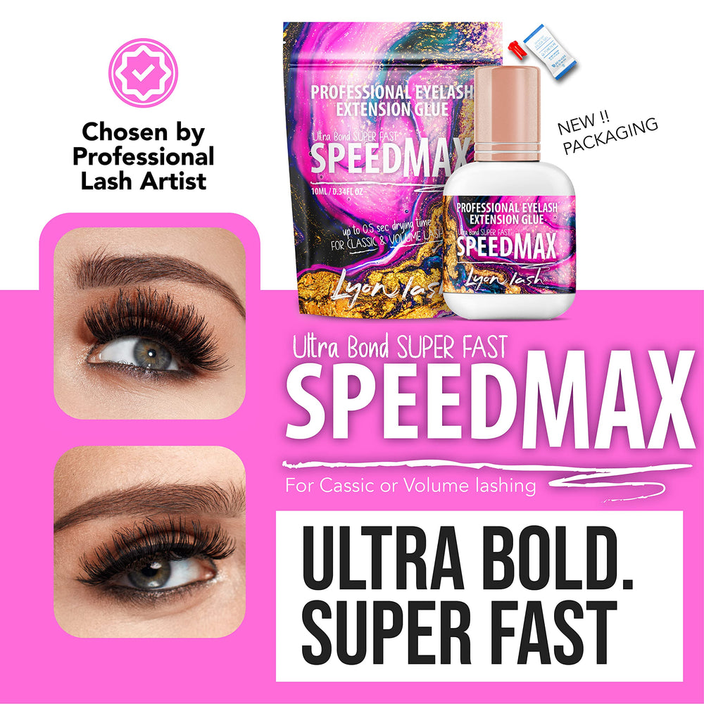 Lyon Lash SPEEDMAX 10ml bottle close-up for fast-drying eyelash extensions.