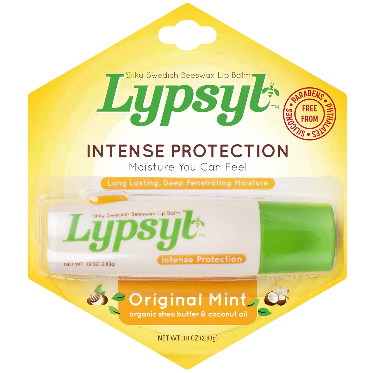 Lypsyl Intense Protection Original Mint lip balm tube ready for use and moisture.