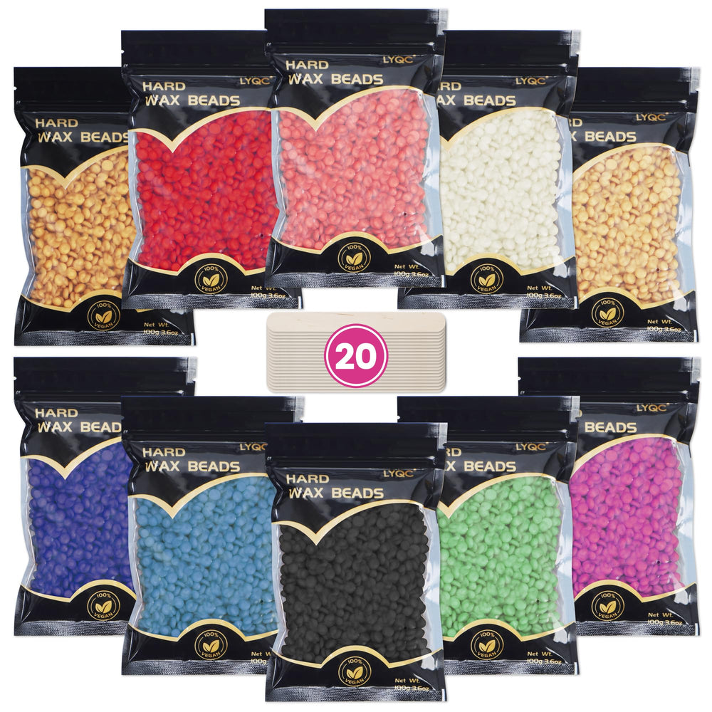LYQC wax beads packaging shows 1000g supply with 20 applicators for full-body waxing.