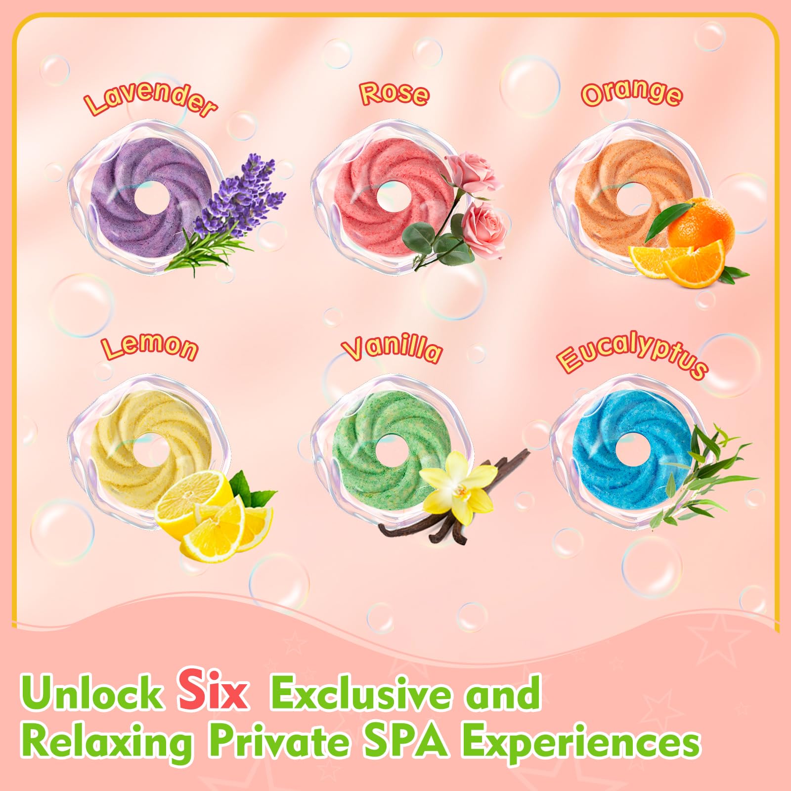 LZLTAUY Bubble Bath Six Scents Labels—varied natural aromas in a home spa vibe.