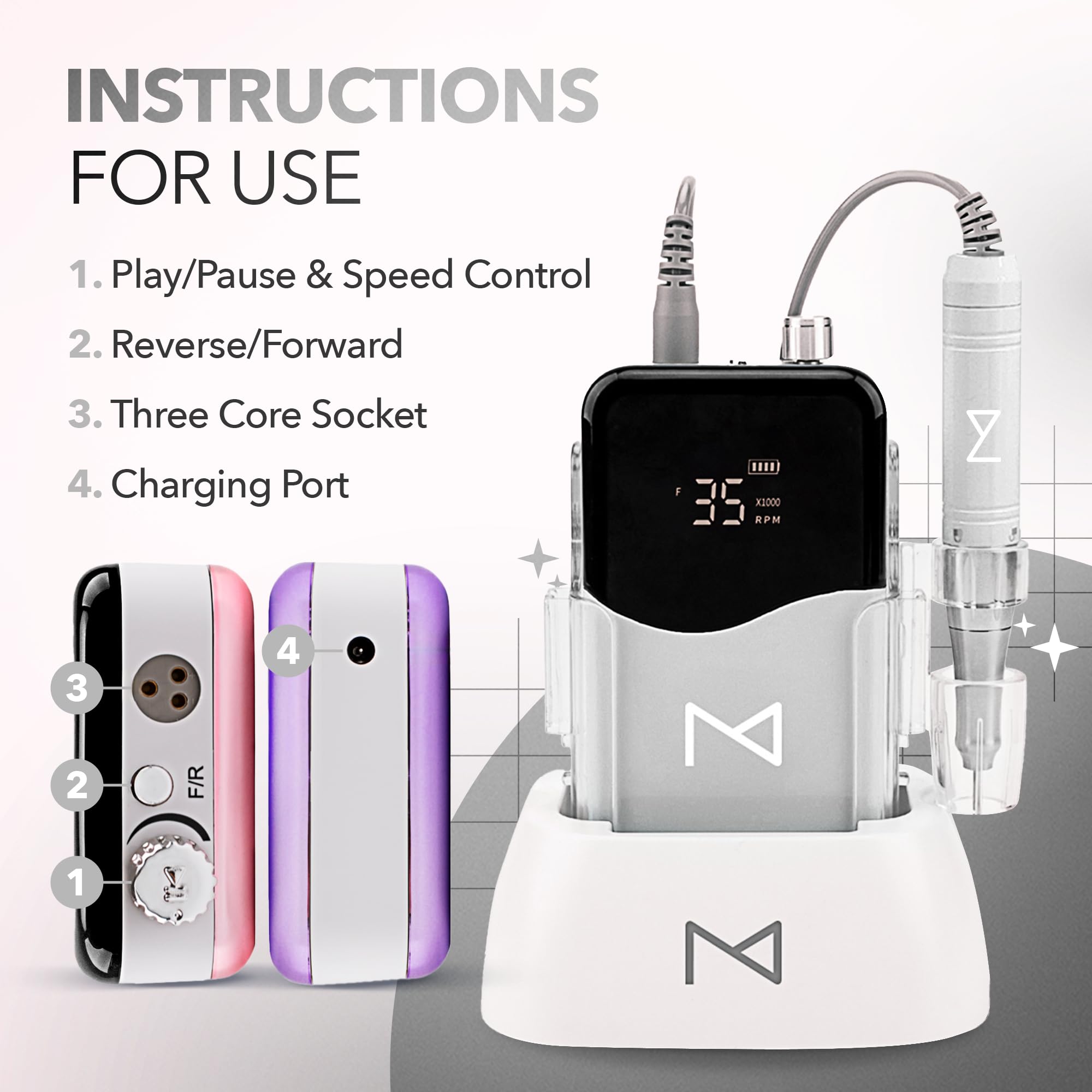 M Mase 35000rpm display highlights fast, precise, whisper-quiet filing.