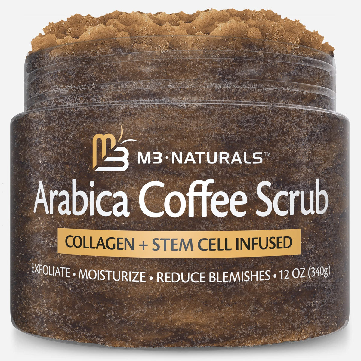M3 Naturals Arabica Coffee Scrub jar closeup for essential exfoliation and glow.