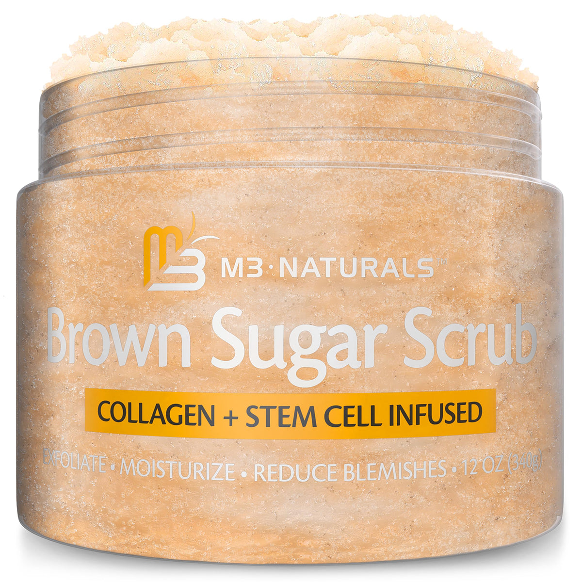 M3 Naturals Brown Sugar Scrub jar closeup highlights exfoliation texture for glow