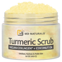M3 Naturals exfoliating turmeric scrub bottle promotes smooth, glowing skin.