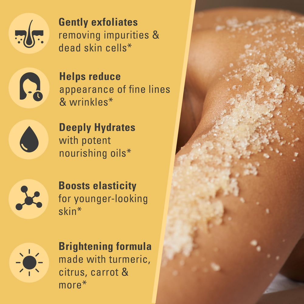 M3 Naturals face-body-hands-feet scrub applying demonstrates versatile full-body exfoliation.