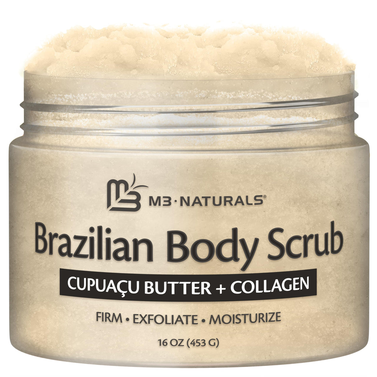 M3 Naturals Firming Brazilian Body Scrub jar front highlights premium packaging for daily smoothing.