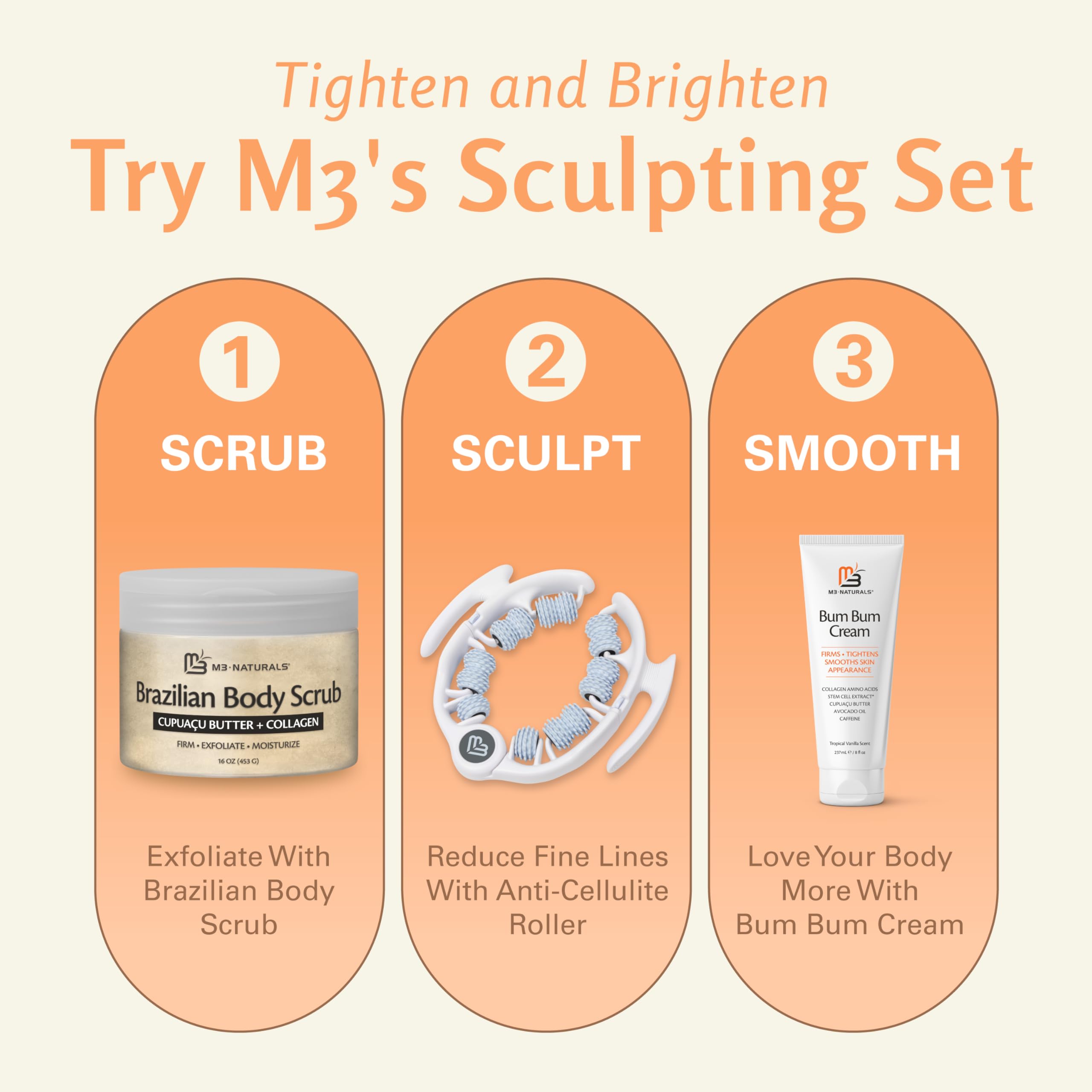 M3 Naturals Firming Brazilian Body Scrub jojoba-oil glow highlights skin-softening and renewal support.