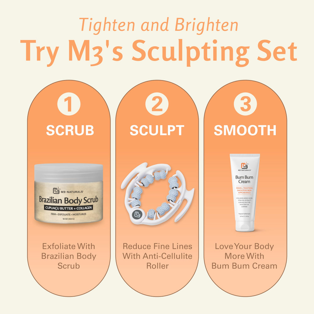 M3 Naturals Firming Brazilian Body Scrub jojoba-oil glow highlights skin-softening and renewal support.