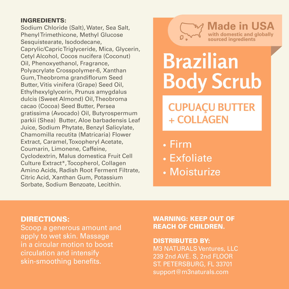 M3 Naturals Firming Brazilian Body Scrub packaging-box indicates premium product and gift-ready presentation.