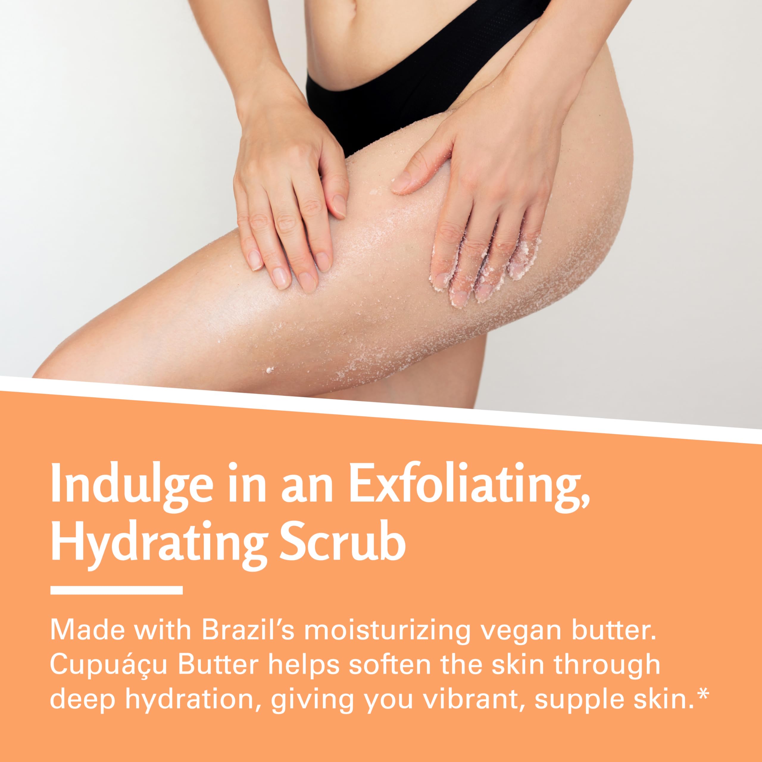 M3 Naturals Firming Brazilian Body Scrub skin-renewal action closeup conveys collagen benefits and smoother texture.