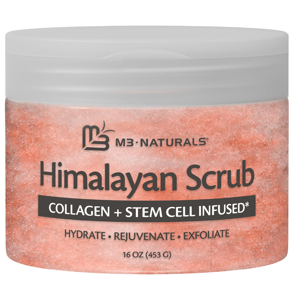 M3 Naturals Himalayan Salt Scrub jar closeup shows texture with jojoba oil for moisturized skin.