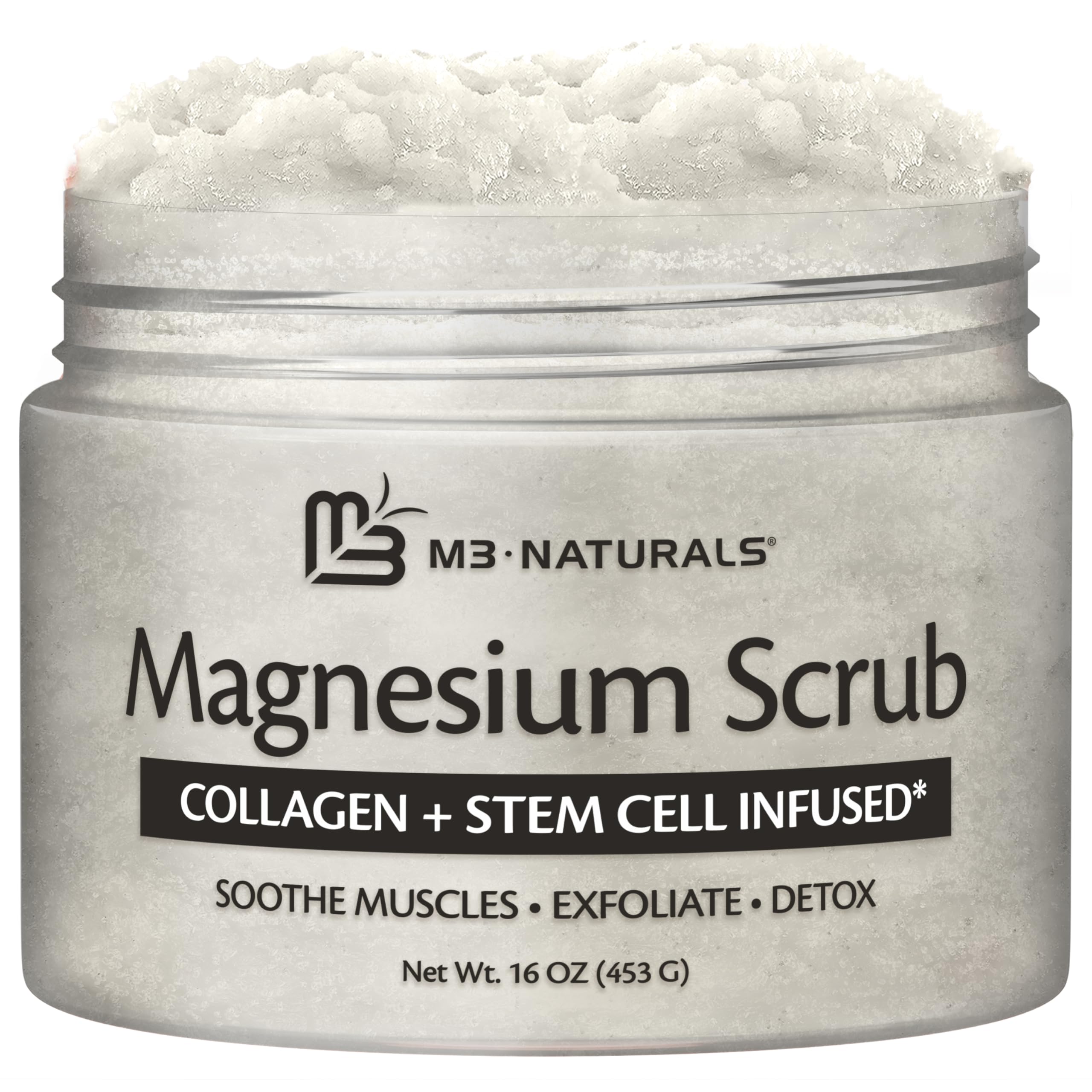 M3 Naturals Magnesium Body Scrub jar shows exfoliating texture for smoother skin.