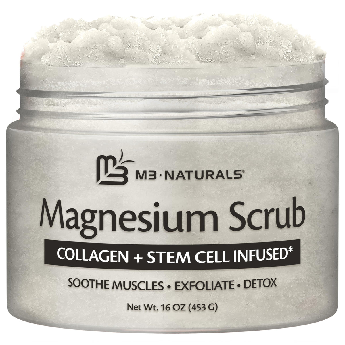 M3 Naturals Magnesium Body Scrub jar shows exfoliating texture for smoother skin.