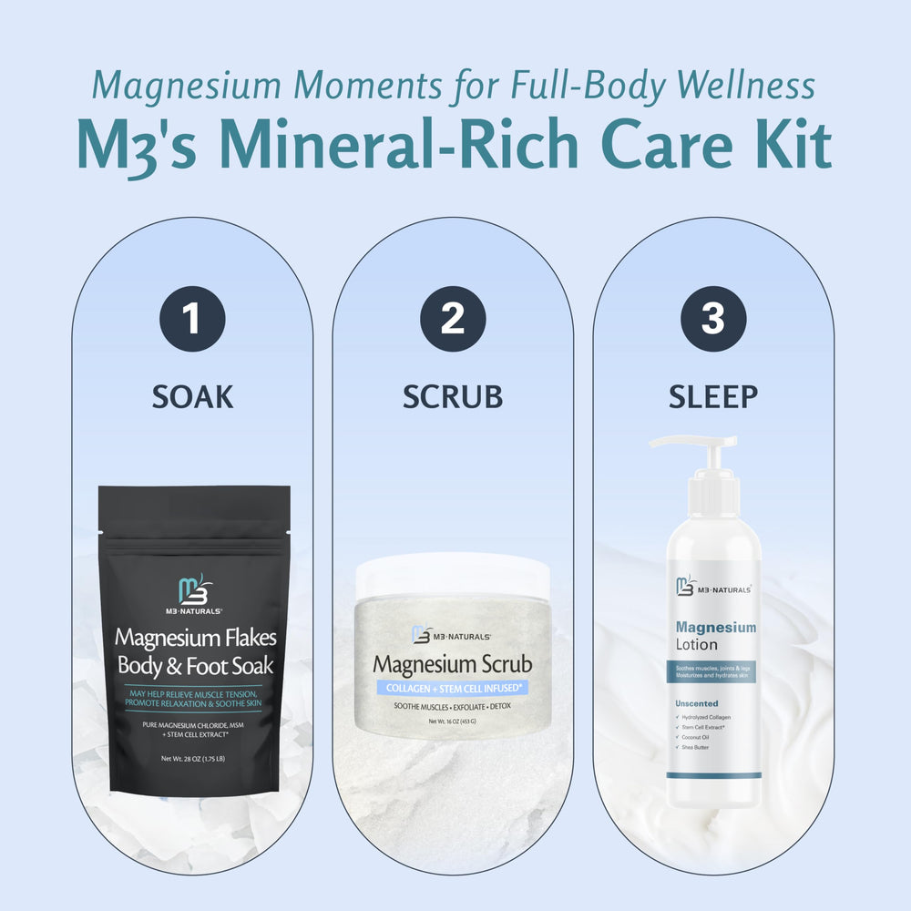 M3 Naturals magnesium flakes closeup highlights a dye-free formula for gentle skin care.