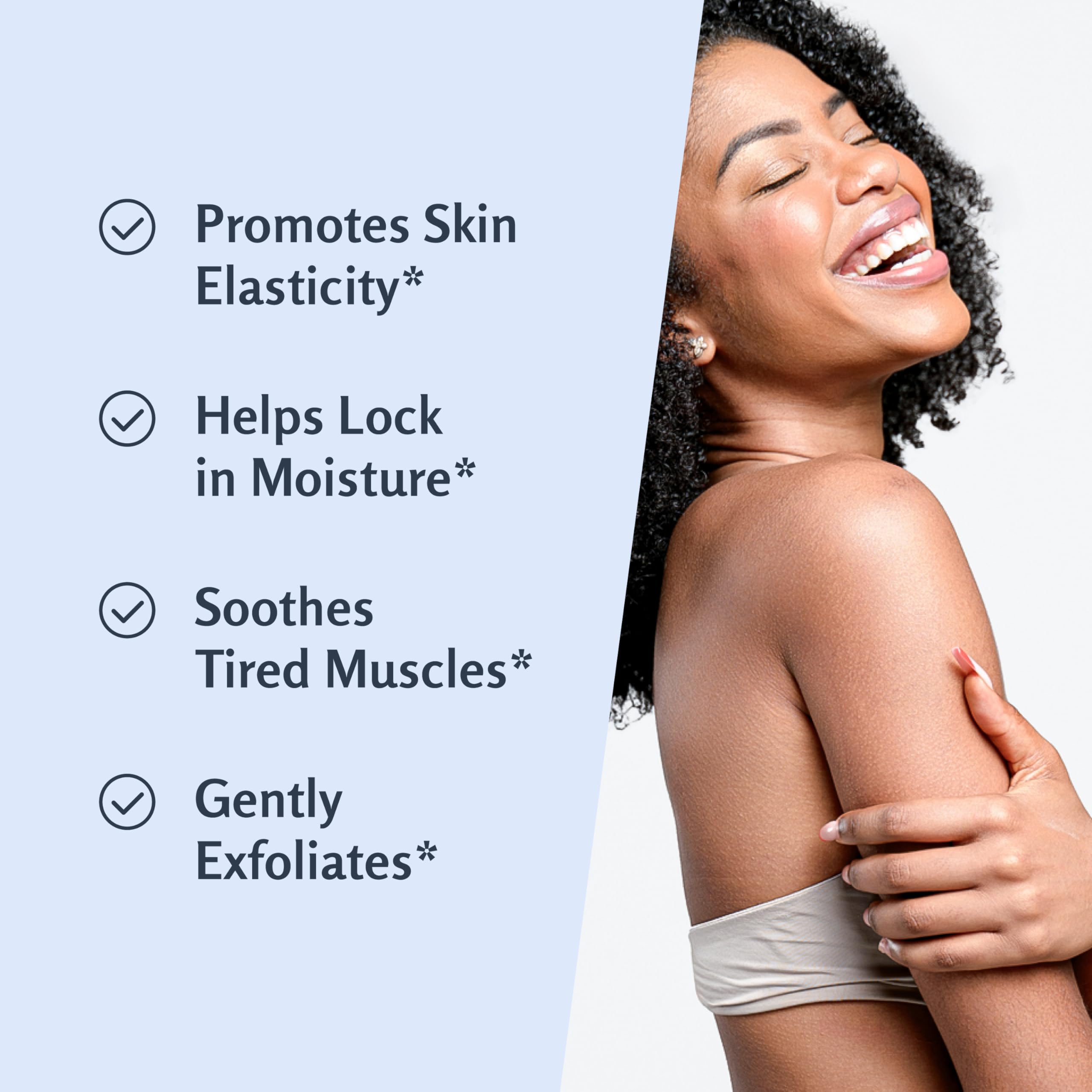 M3 Naturals salt-based scrub emphasizes deep hydration and refreshed skin.
