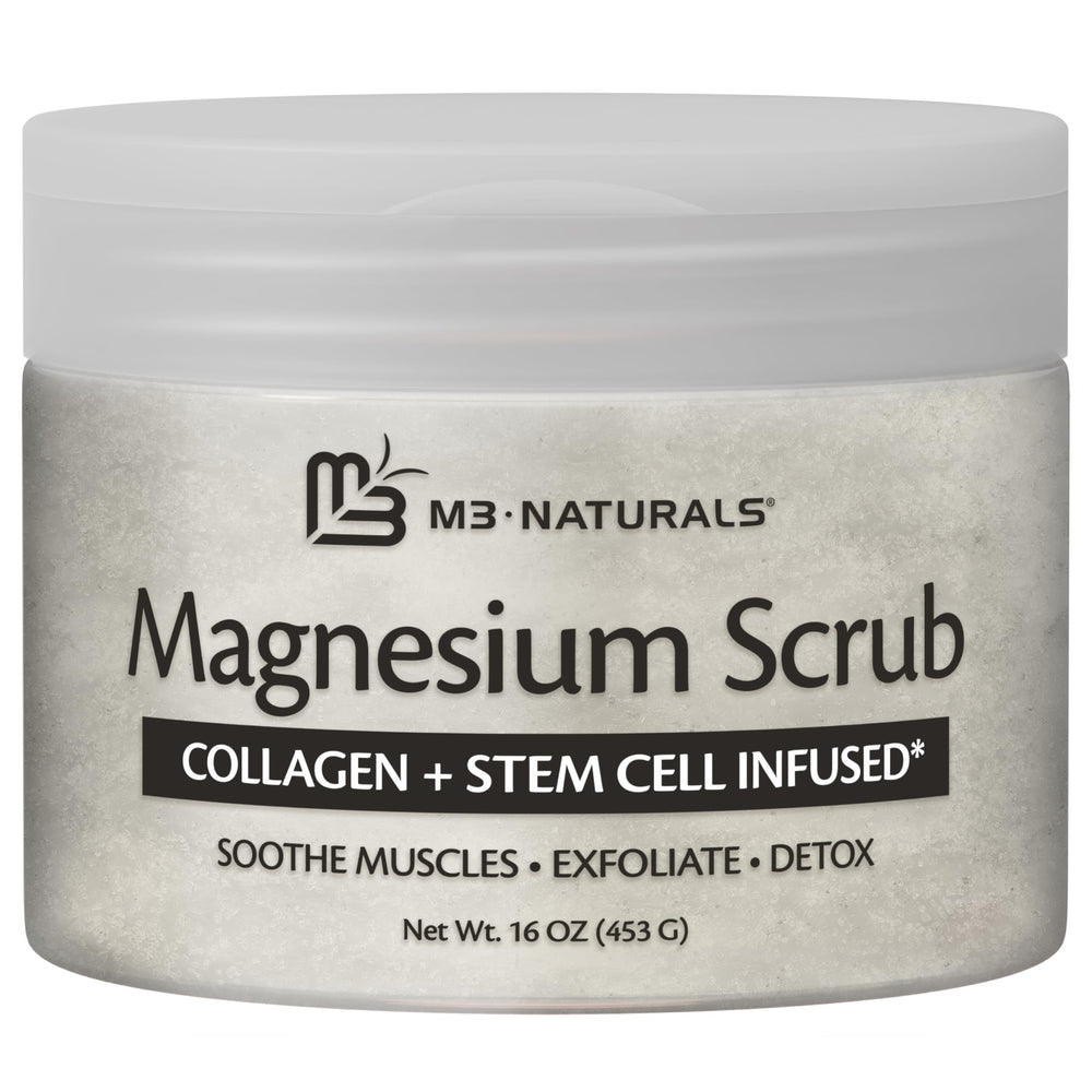 M3 Naturals scrub being applied to arm for relaxing skincare routine.