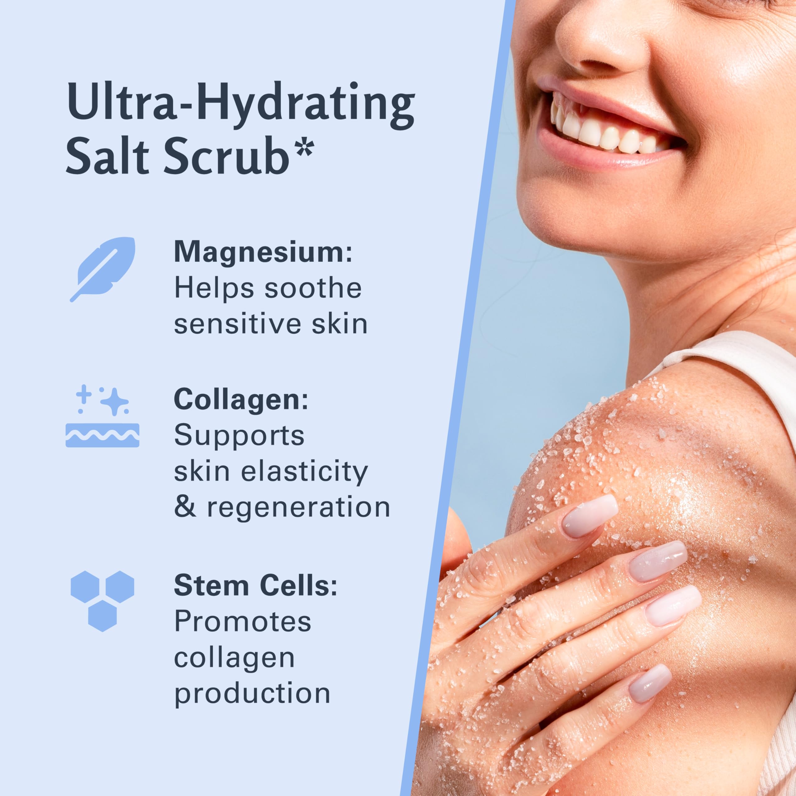 M3 Naturals magnesium scrub texture closeup emphasizes sea salt for deep exfoliation.