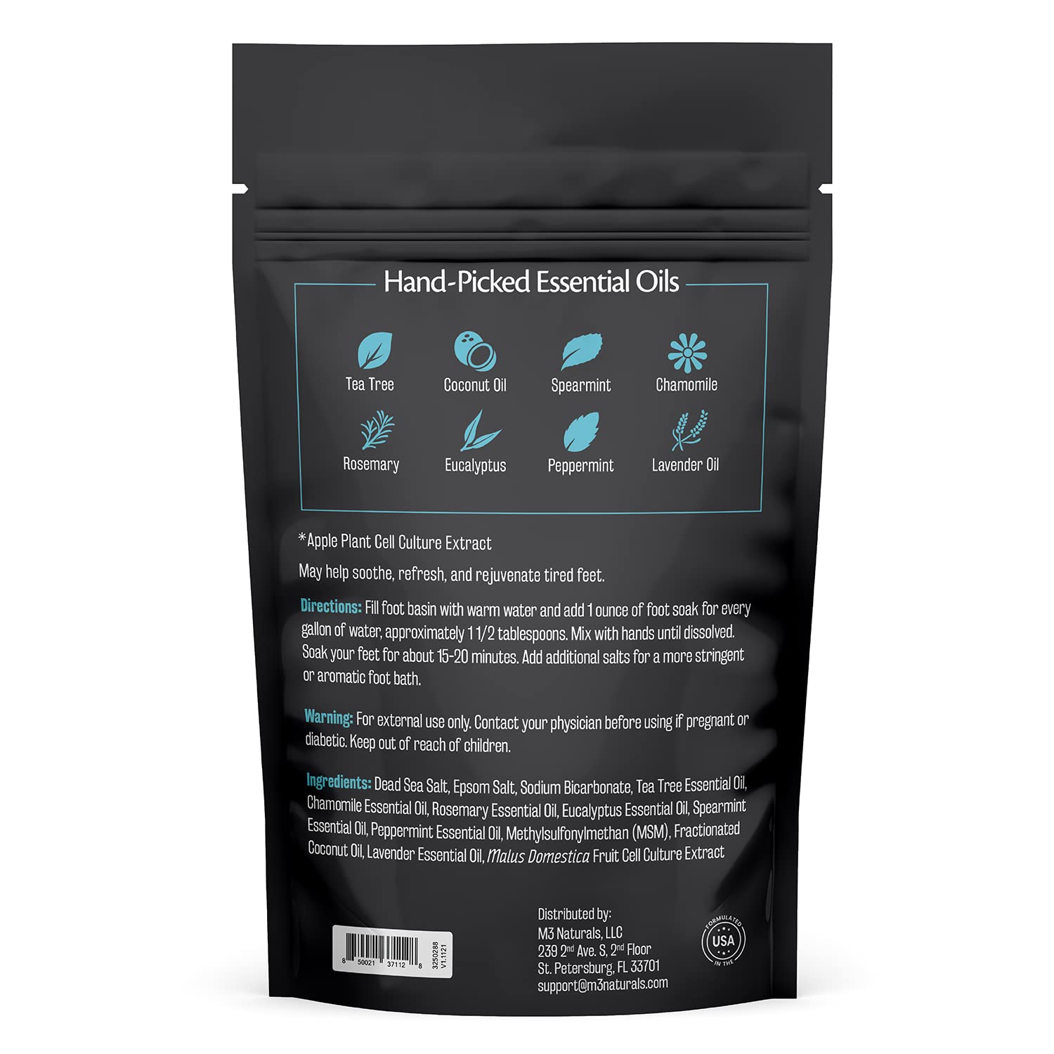 M3 Naturals Tea Tree Foot Soak ingredients label close-up showing natural foot care