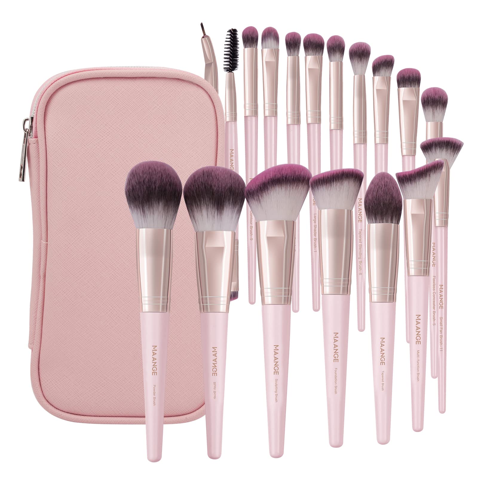 MAANGE 18pc makeup brush set with pinkgold case, ideal for travel-ready makeup.