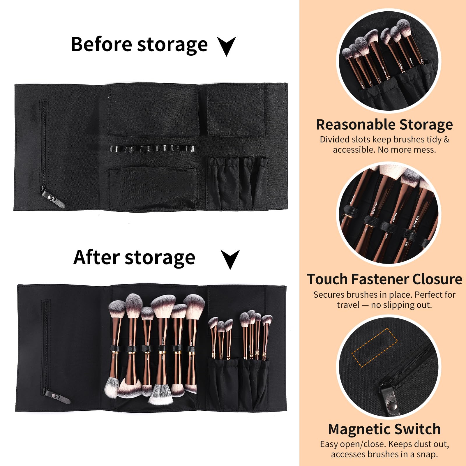 MAANGE blush-bronzer-contour dual-ended brush offers even product pickup for balanced sculpting.