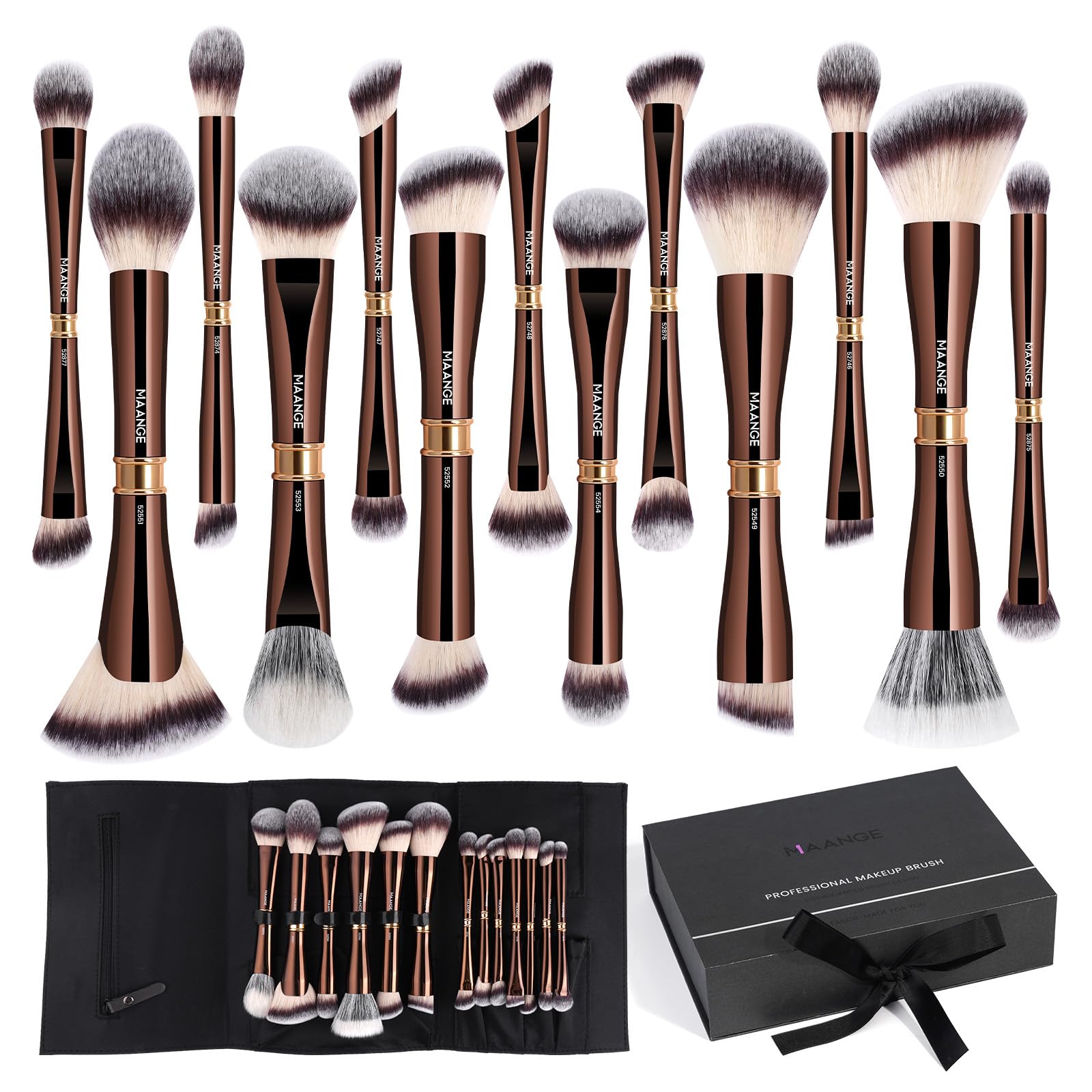 MAANGE makeup brush set with case shows organized travel-friendly storage for on-the-go routines.