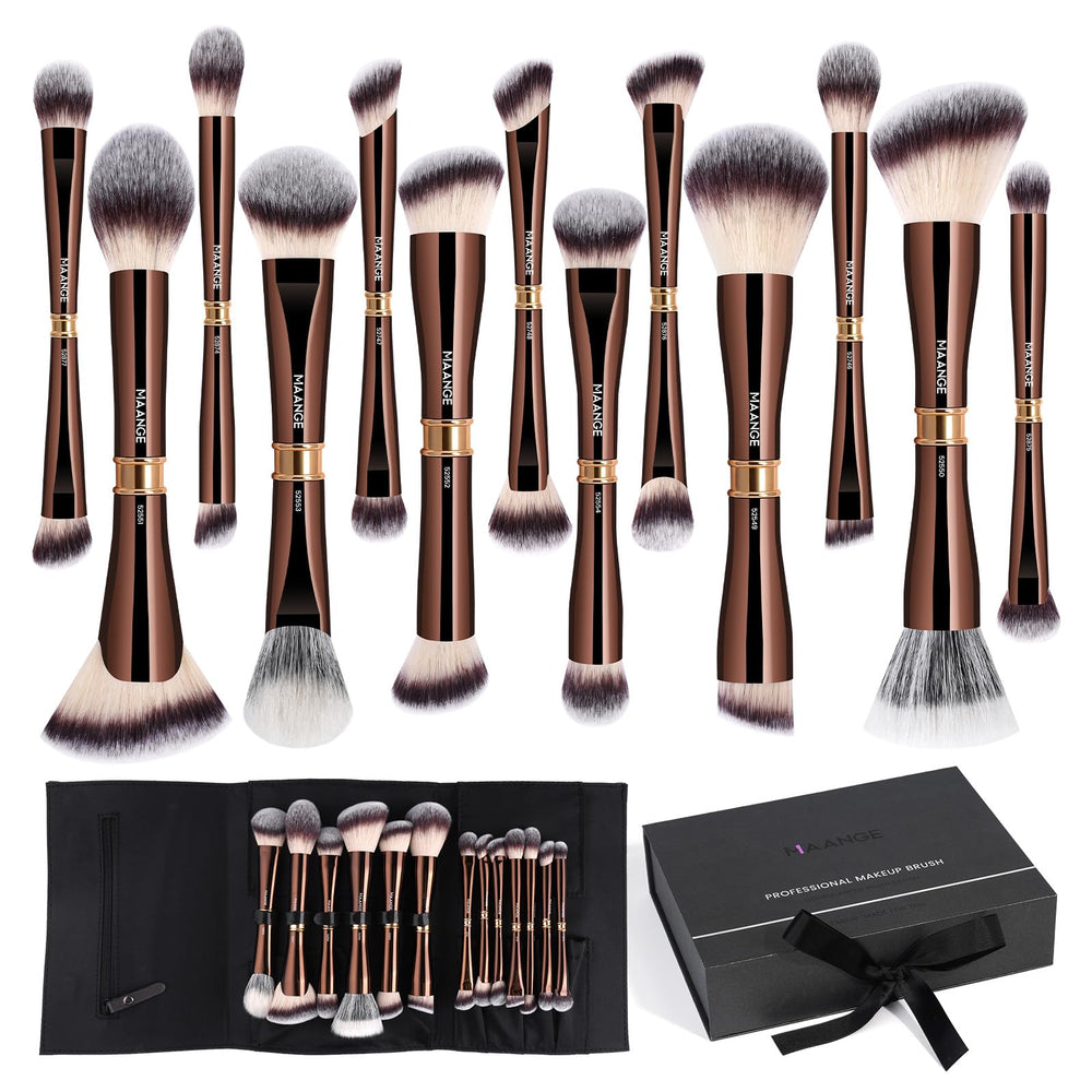 MAANGE makeup brush set with case shows organized travel-friendly storage for on-the-go routines.