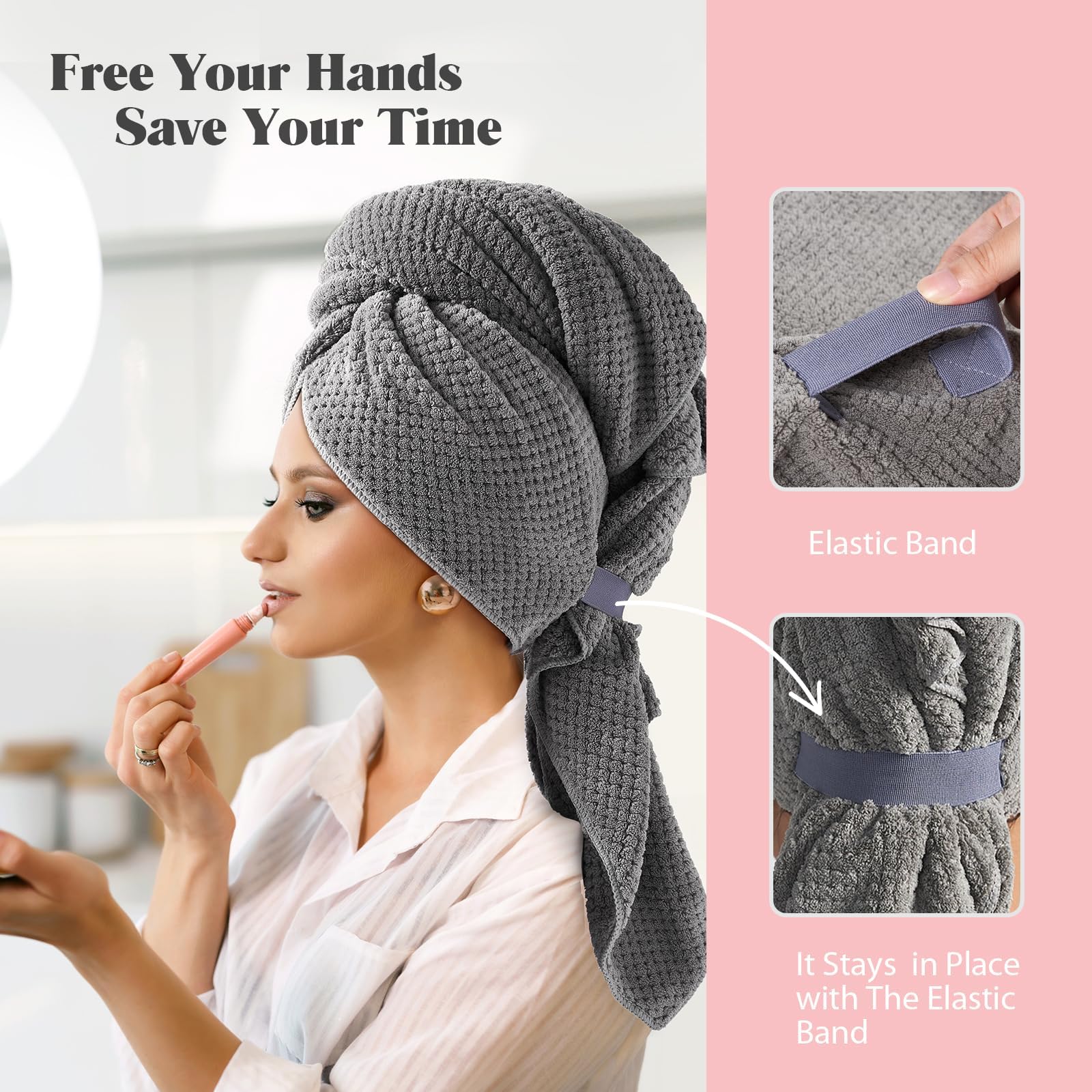 MABAO hair towel wrap on long hair demonstrates coverage and hands-free drying.